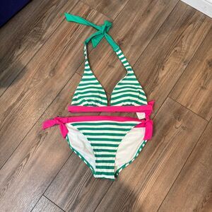 Boden Preppy Green Striped Pink Trim Bikini Size 2